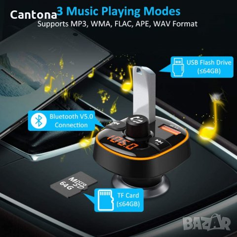 FM трансмитер Bluetooth 5.0, Волтметър, TEUMI 7 цвята Dual USB QC3.0 & 2.4A, Siri, Google , снимка 7 - Аксесоари и консумативи - 36008146