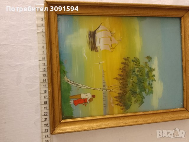 красива картина пейзаж рисувана от вътрешната страна на стъклото със дървена винтидж рамка , снимка 8 - Антикварни и старинни предмети - 44398853