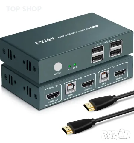 KVM превключвател HDMI 2в1 4K 30Hz с USB 2.0 хъбове с комплект кабели