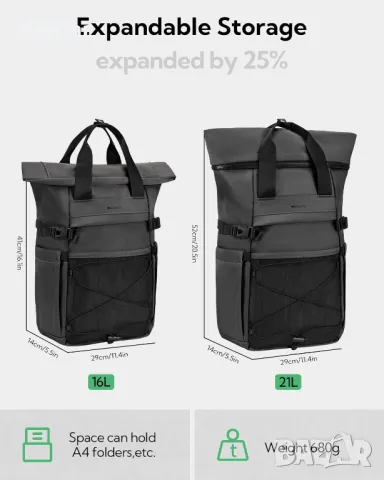 Раница Waterfly Roll Top 16-21 л, подходяща за 16 инча лаптоп, Тъмно сиво, снимка 2 - Раници - 48967909