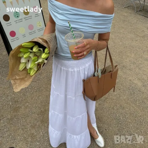 Дълга бяла клоширана пола с цепка, снимка 1