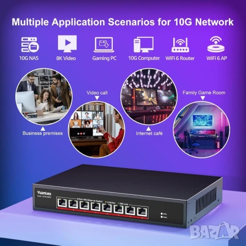 Yuanley 8 порта х 10G RJ45 Ethernet суич, неуправляем комутатор, plug and play , снимка 7 - Суичове - 50271107