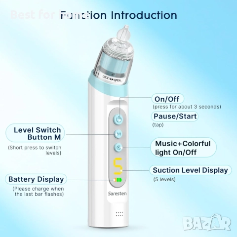 Назален аспиратор за бебе с 3 силиконови накрайника, с музикална и светлинна функция, снимка 8 - Други - 51856213