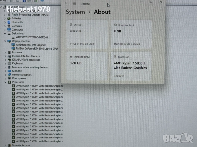 17.3 Nitro`Ryzen 7-5800H/RTX 3080/32GB RAM/1TB SSD/FHD IPS 144Hz, снимка 7 - Лаптопи за игри - 52096906
