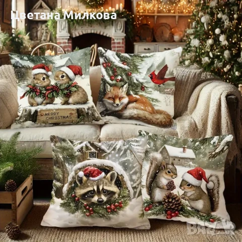 Коледни калъфки 4 бр. със зимни мотиви, снимка 2 - Възглавници - 51041226