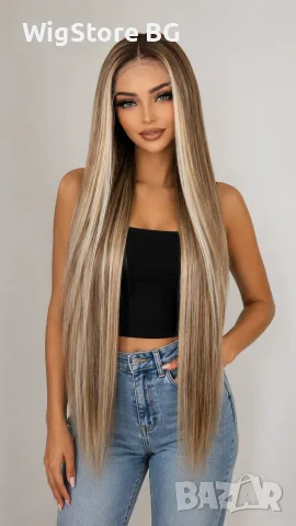 100см права лейс фронт перука пепеляво руса на кичури - lace front wig 100cm