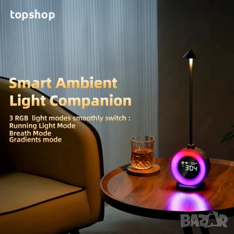 НОВА LED настолна лампа с часовник, димируема нощна лампа, сензорна с бял шум, 2 аларми, RGB..., снимка 4 - Настолни лампи - 50494936