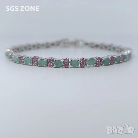 Ръчно изработена сребърна гривна със зелен СМАРАГД и Рубини , снимка 9 - Гривни - 52605672