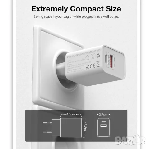 Мрежов адаптер за зареждане 20W с USB-A и USB-C, снимка 3 - Аксесоари и консумативи - 55862961