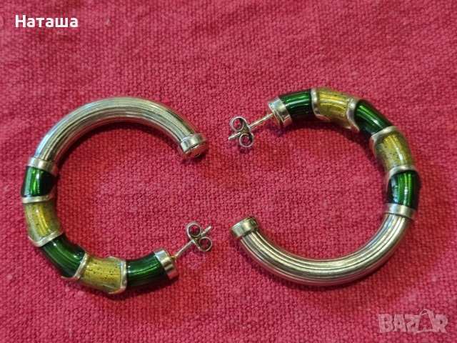 Италиански масивни сребърни позлатени обеци с цветен емайл, снимка 3 - Обеци - 41857543