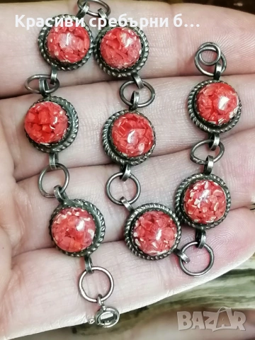 Красива сребърна гривна с мозайка от родохрозит, снимка 3 - Гривни - 53714013