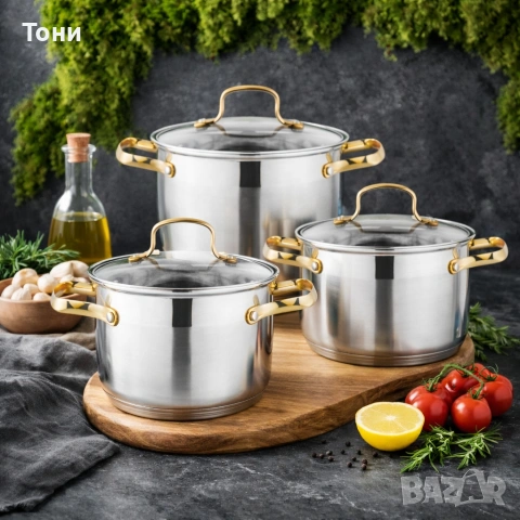 Луксозен комплект тенджери с неръждаема стомана и златисти дръжки – перфектният избор за всяка кухня, снимка 2 - Съдове за готвене - 53092015