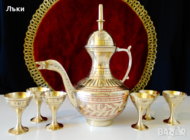 Старинен бронзов сервиз за ракия,клетъчен емайл. 
