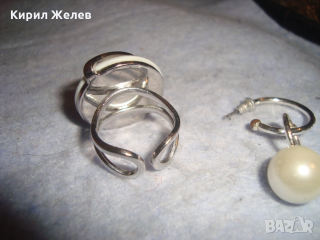 КОМПЛЕКТ АРТ СРЕБРИСТИ ПЕРЛЕНИ ОБЕЦИ и ПРЪСТЕН 26202, снимка 4 - Бижутерийни комплекти - 36064072