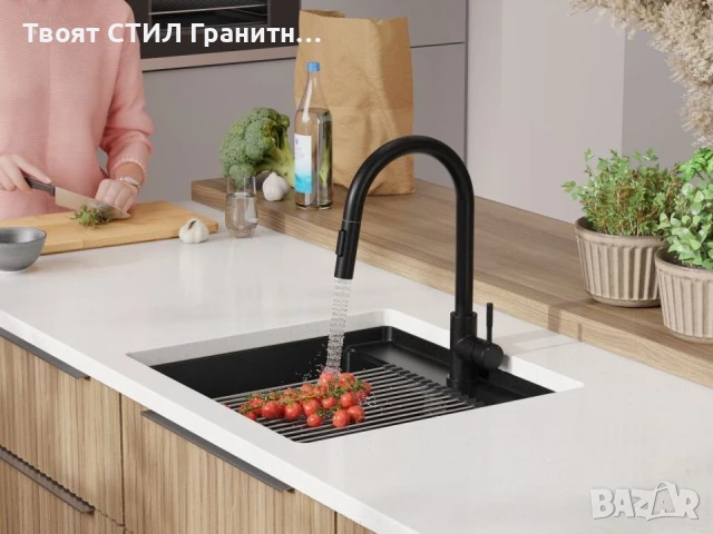 Черна кухненска мивка за вграждане под плот Берген 60 Low 560x530 мм, снимка 3 - Мивки - 51415907