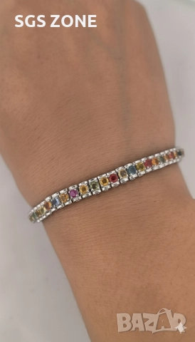 Сребърна гривна с родиево покритие и мултисапфир, снимка 8 - Гривни - 52565429