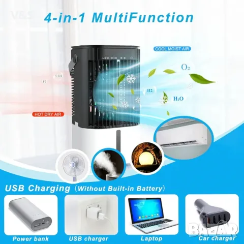 Преносим климатик, личен вентилатор за охлаждане, изпарител 4 в 1 с резервоар за вода 1000 ml/3 режи, снимка 2 - Климатици - 48801723