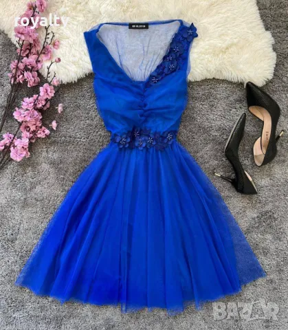 Рокля с тюл в цвят турско синьо