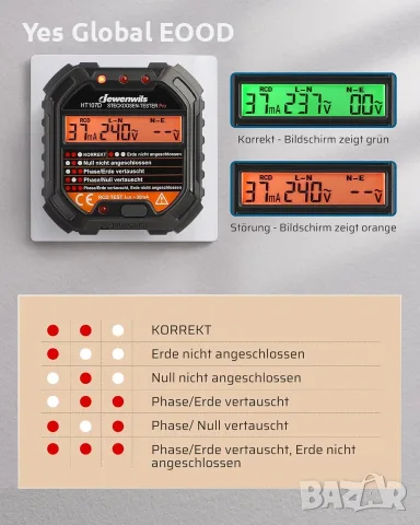 DEWENWILS тестер за контакти с RCD и LCD дисплей, снимка 4 - Друга електроника - 55838732