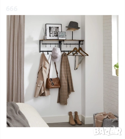 Стенна закачалка с рафт, Artool, 8 куки, стомана, бледо, черно и рустик кафяво, 40x24x24 см, снимка 2 - Други стоки за дома - 53526972