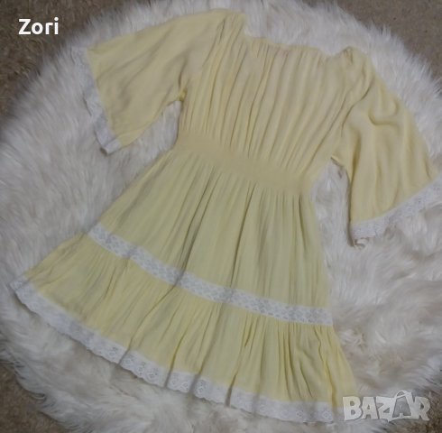 ИЗКЛЮЧИТЕЛНО КРАСИВА жълта рокля с бяла дантела , снимка 5 - Рокли - 40364447