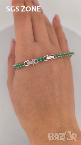 КЛАСИЧЕСКА ТЕНИС ГРИВНА ОТ СРЕБРО 925 СЪС ЗЕЛЕН ТОПАЗ, снимка 5 - Гривни - 52711324