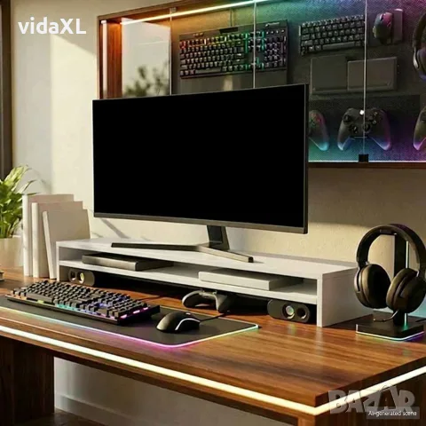 vidaXL Стойка за монитор, бяла, 100x24x13 см, инженерно дърво, снимка 3 - Стойки, 3D очила, аксесоари - 56147737