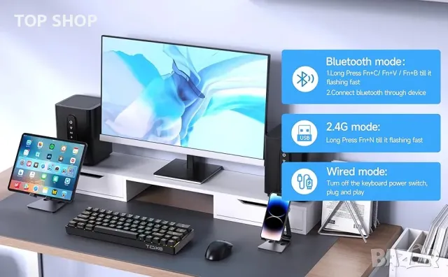 TMKB T63 механична клавиатура с Blue Switch, Bluetooth / 2.4G, снимка 10 - Клавиатури и мишки - 48969399