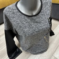 Дамска блуза / сива / кожени ръкави / джобове , снимка 2 - Блузи с дълъг ръкав и пуловери - 38978692
