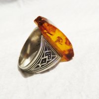 Стар сребърен пръстен с огромен естествен  кехлибар - за успокоение, сила защита и любов, снимка 6 - Пръстени - 35918501