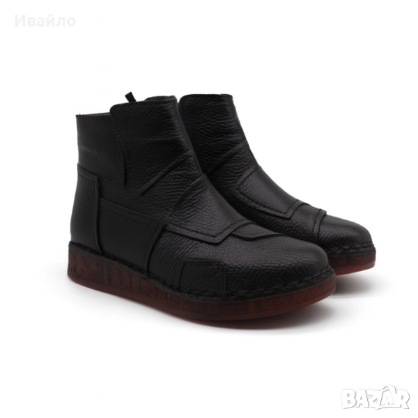 Дамски черни боти от естествена кожа с декоративни панели и мека подметка, снимка 1