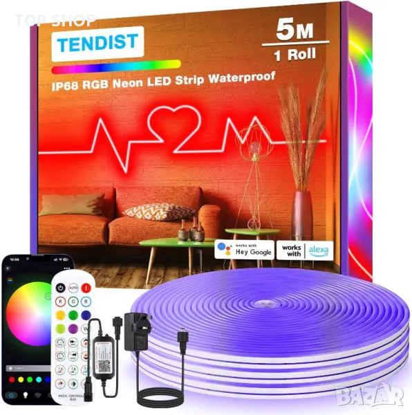 TENDIST 5M RGB LED неонови въжени светлини за открито, IP68 WiFi Гъвкава LED неонова лента, 24V, снимка 1