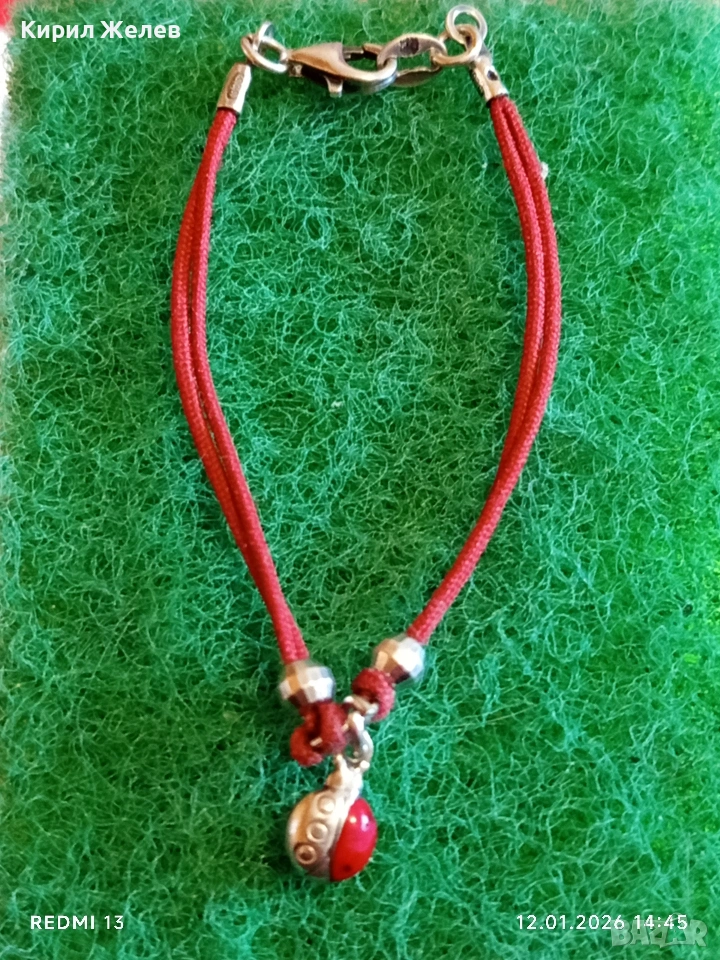 Сребърна гривна с червен конец и висулка КАЛИНКА 🐞 за добър късмет 21101, снимка 1