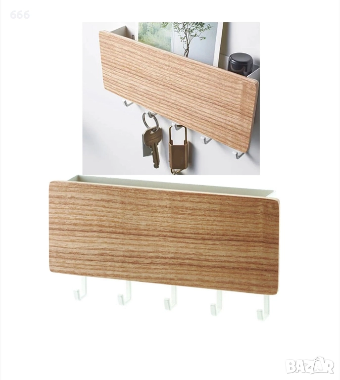 Ключодържател за стена, 5 куки, Естествено дърво, 18x2,6x9,6 см, снимка 1