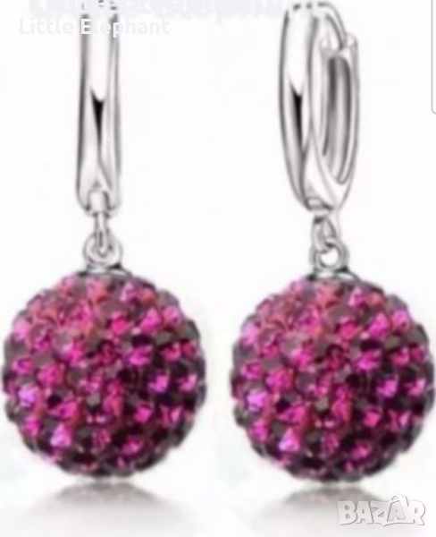 Sale Сребърни висящи обеци топчета с кристали,dark pink/нови, снимка 1