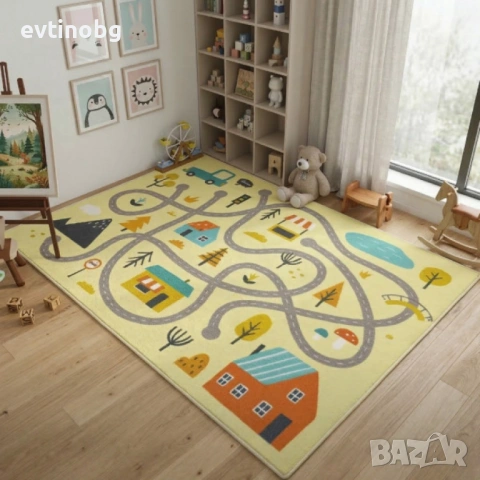 Детски килим за игра 120х160см - Светложълт килим с цветни къщички, противоплъзгащ и миещ се, снимка 5 - Други - 53872809