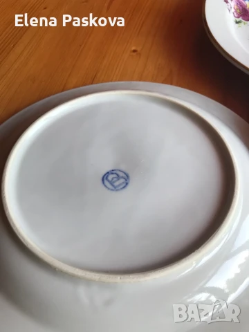 чинии български порцелан 23 см цветен мотив златен кант- 6 броя, снимка 4 - Чинии - 51116294