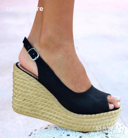 Сандали на платформа - черен велур - S535, снимка 2 - Сандали - 40912519