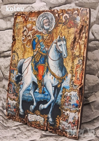 Икона Свети Мина на кон със светци 25/18 см - УНИКАТ, декупаж, снимка 4 - Икони - 53620984
