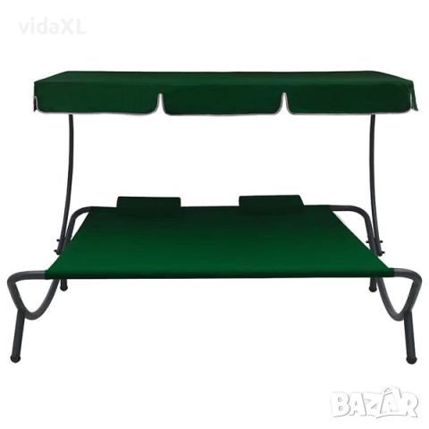 vidaXL Лаундж легло за открито с навес и възглавници, зелено(SKU:313522), снимка 2 - Градински мебели, декорация  - 52539704
