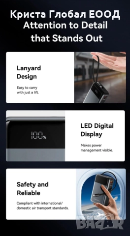 ⚡ Power Bank Vention FHYB0 — Преносима батерия 20000 mAh / 65W PD, снимка 9 - Външни батерии - 51708394