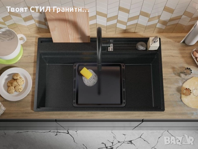 Графитна гранитна кухненска мивка Осло 90 Pocket 880x530 мм, снимка 6 - Мивки - 51719514