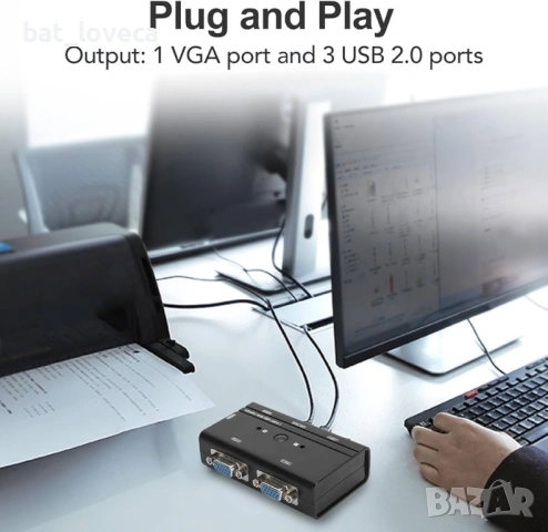 2-портов VGA KVM превключвател, USB превключвател за 2 компютъра, споделяне на 1 монитор, клавиатура, снимка 2 - Кабели и адаптери - 53759929