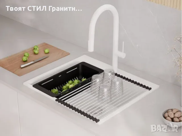 Бял Кухненска Мивка от гранит модел Рига 60 XL 580 x 500 мм