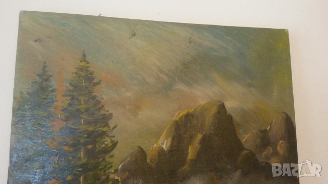 Маслена картина пейзаж с дървета, скали и цветя, снимка 5 - Картини - 53020196