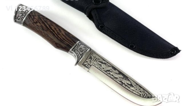 Богато двустранно гравиран ловен нож с инкрустирани вълци  130х255, снимка 2 - Ножове - 40768354