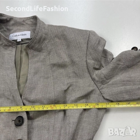 Дамско сако Calvin Klein блейзър ленен сив с колан и дълъг ръкав , снимка 4 - Сака - 52263107