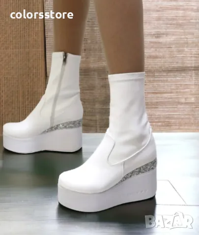 Боти на платформа - бяла кожа с бронз брокат - 121K