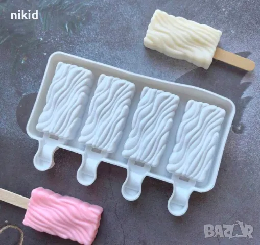 4 малки ескимо наклонен релеф дървесина Магнум сладолед Popsicle Попсикъл силиконова форма молд , снимка 3 - Форми - 49264962