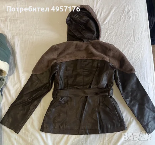 Дамско кожено яке с пухкава качулка и подплата, снимка 2 - Якета - 56215176